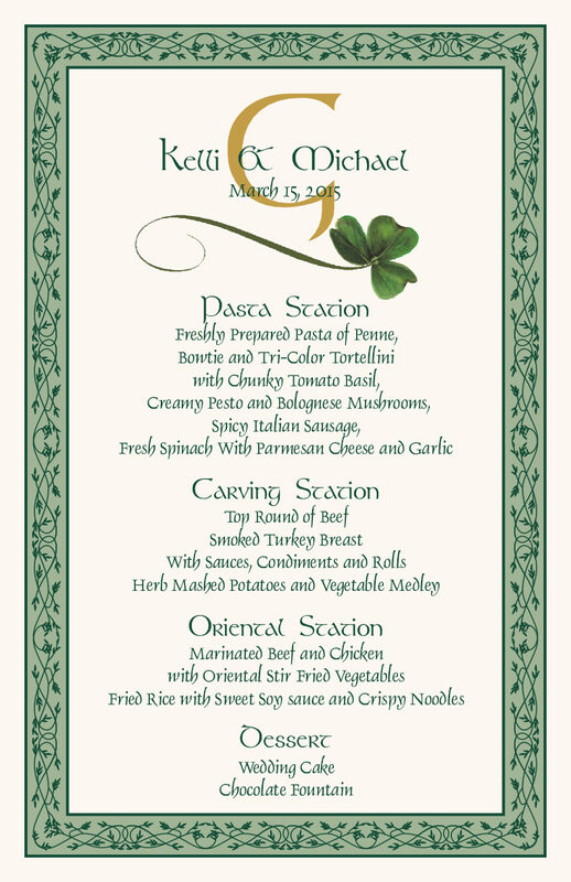 Celtic and Irish Wispy Shamrock Wedding Menus, Drink Menus, Bar Menus